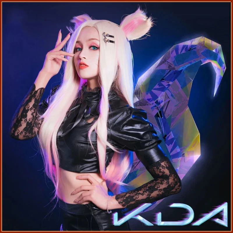 Peruka do Cosplayu Ahri z gry LOL, seksowna czarna skórzana spódniczka KDA All Out Ahri Cosplay, damskie dziewczęce uniformy na Halloween, włosy