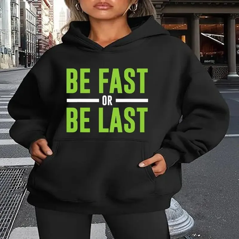 سترة رياضية نسائية بمقاس كبير BE FAST أو BE LAST سترة تحفيزية للتمرين، سترة بقلنسوة للجري ثقيلة الوزن 450 جرامًا للمتر المربع