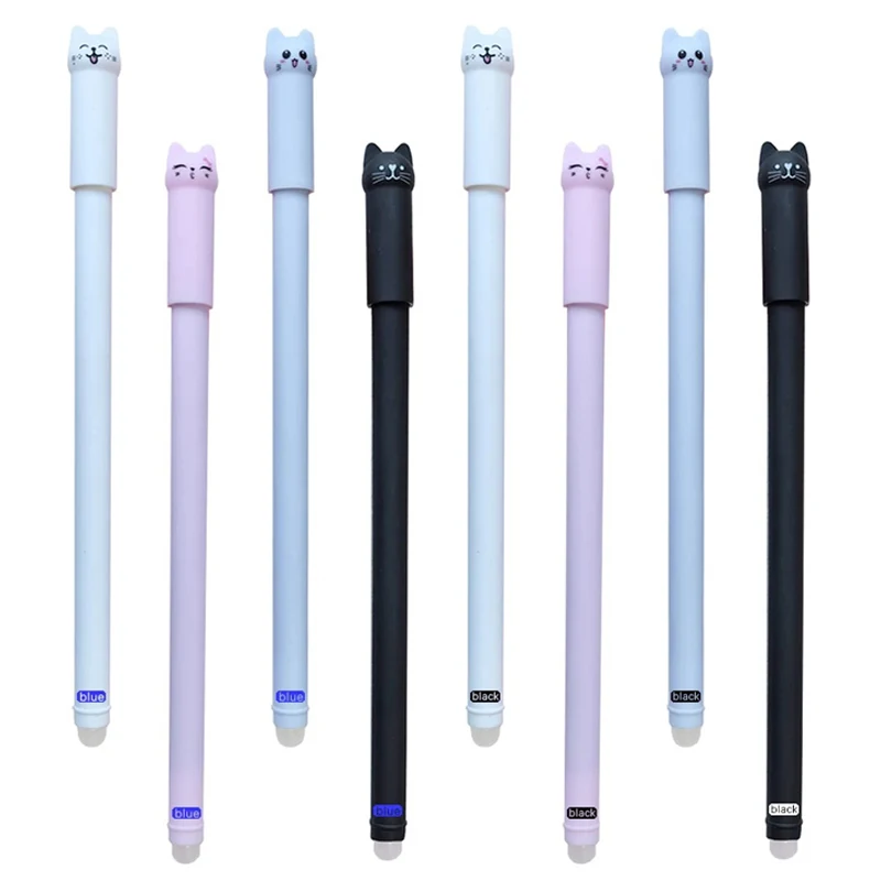 Cute Kitten Erasable Gel Pen with Eraser 0.5mm Blue Black Magic Ink Smooth Writing Kawaii School Office Writing Stationery Gifts