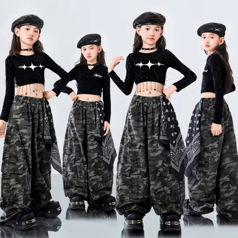 

Girl Fashion Hip Hop Crop Top Camouflage Pants Clothes Street Hiphop Outfit Korean Kids Child Streetwear Suit for Performances