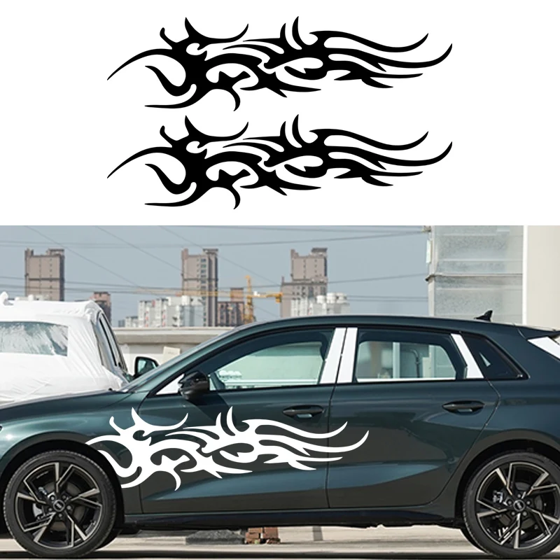 

2PCS Side Door Line Interesting Vinyl Decals Fire Element Stripe Totem Car Stickers to Decorate New Car Accessories