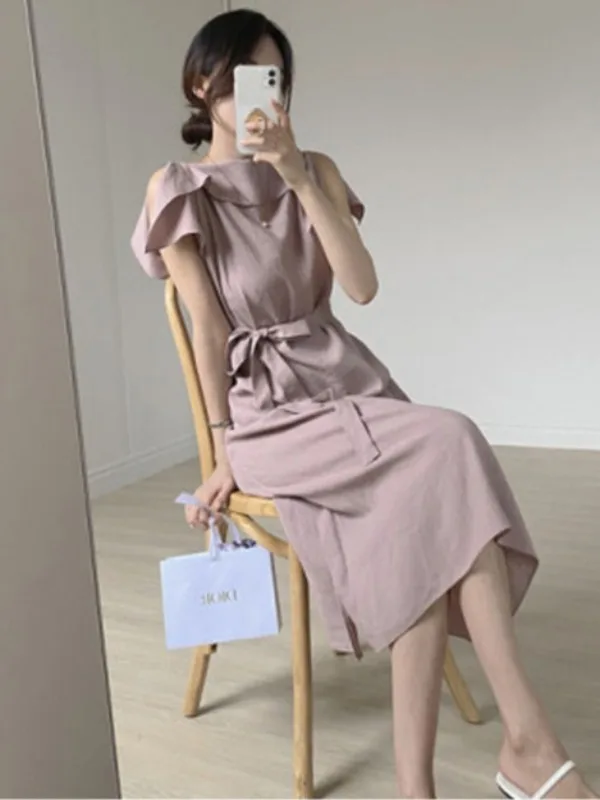 Ele été Chic oulder Bared longue Dr femmes doux Fre nœud papillon Dr coréen Sle a-ligne jupe ort Sve