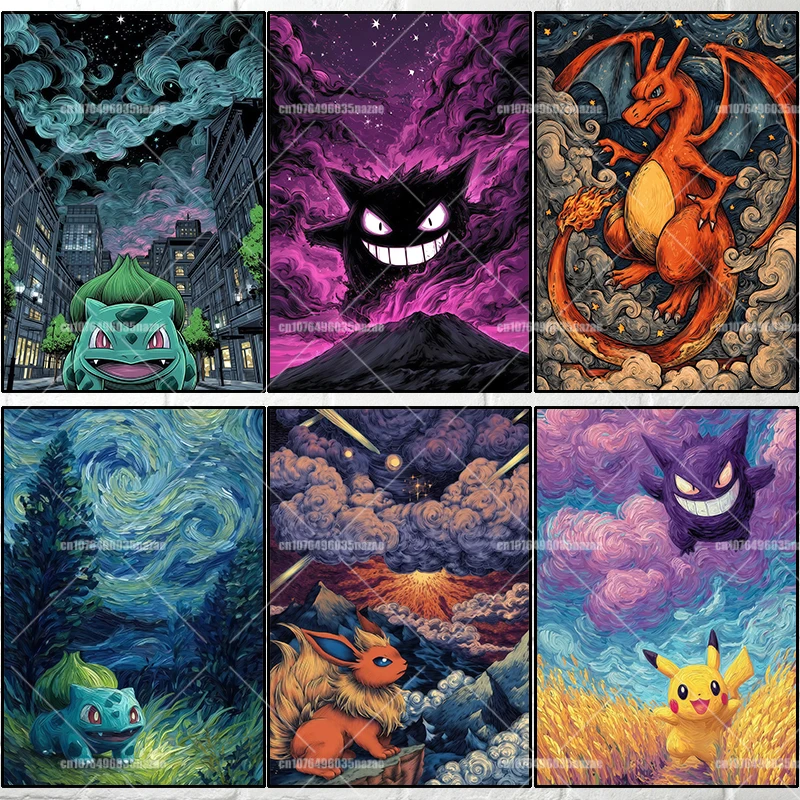 

Van Gogh Museum Pokemon Poster Anime Pikachu Gengar Watercolor Painting Canvas HD and Abstract Art Mural Home Decor Painting