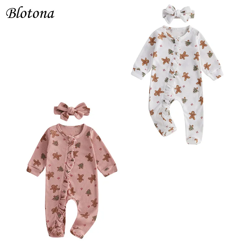 

Blotona Baby Girls Christmas Jumpsuit Casual Long Sleeve Christmas Tree Print Ruffle Romper with Headband Cute 2Pcs Clothes