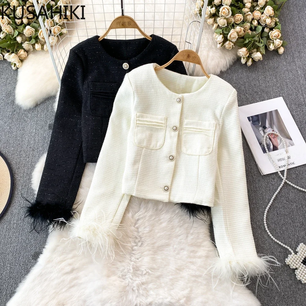 KUSAHIKI Elegant Short Coat Women 2023 Autumn Winter New Fashion Fur Patchwork Long Sleeve Caridgan Tops Causal Chic Jackets