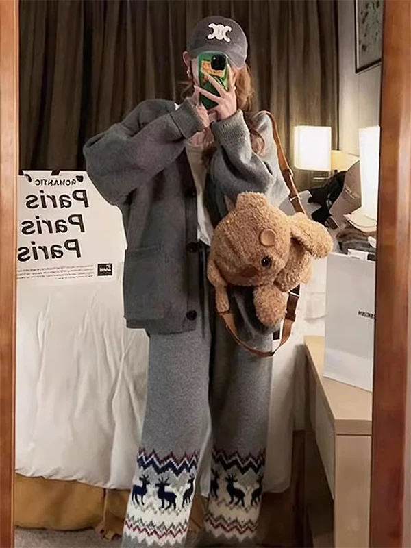 

Осенне-зимние теплые вязаные брюки с узором Fair Isle, серые, с эффектом драпировки, повседневные, с высокой талией, с животным принтом, китайское производство