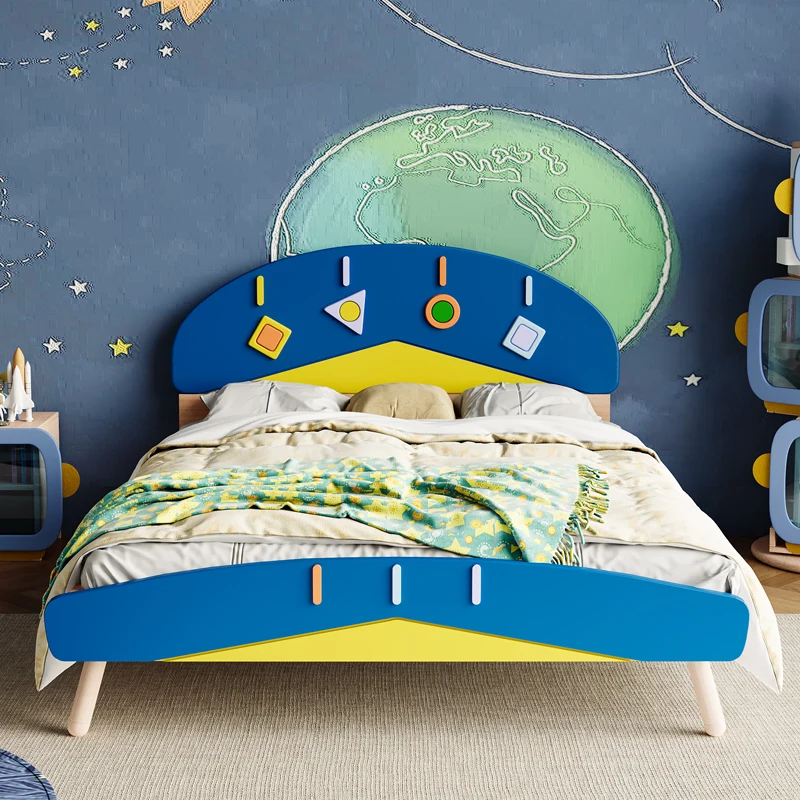 Cartoon solid wood space kids bed boy bed kids room boy spliced beech wood bedroom single big bed