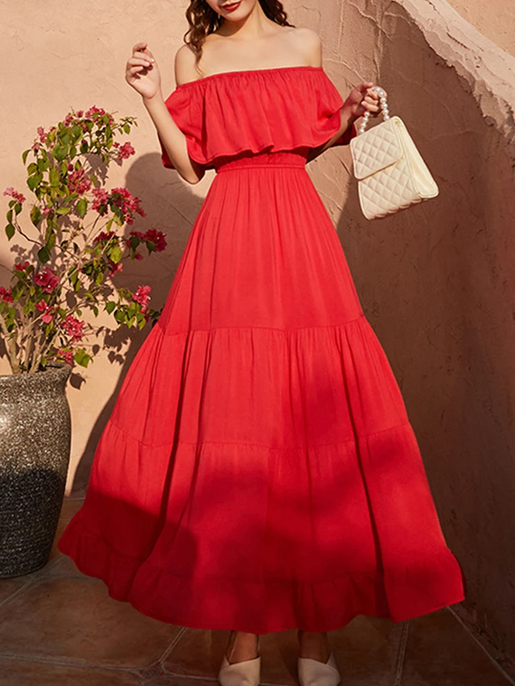 Elegant Pleated Maxi Dress Women Summer Sexy Off Shoulder Backless Red Long Bridesmaid Dress Female Boho Beach Sundress Ladies