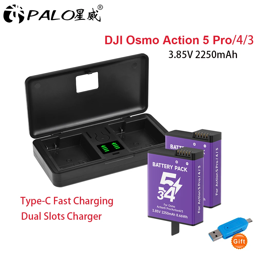 

Action 5 Pro Battery for DJI Osmo Action 4 with Dual Slots Type-C USB Fast Charging Charger and Action 3 2250mAh Camera Battery