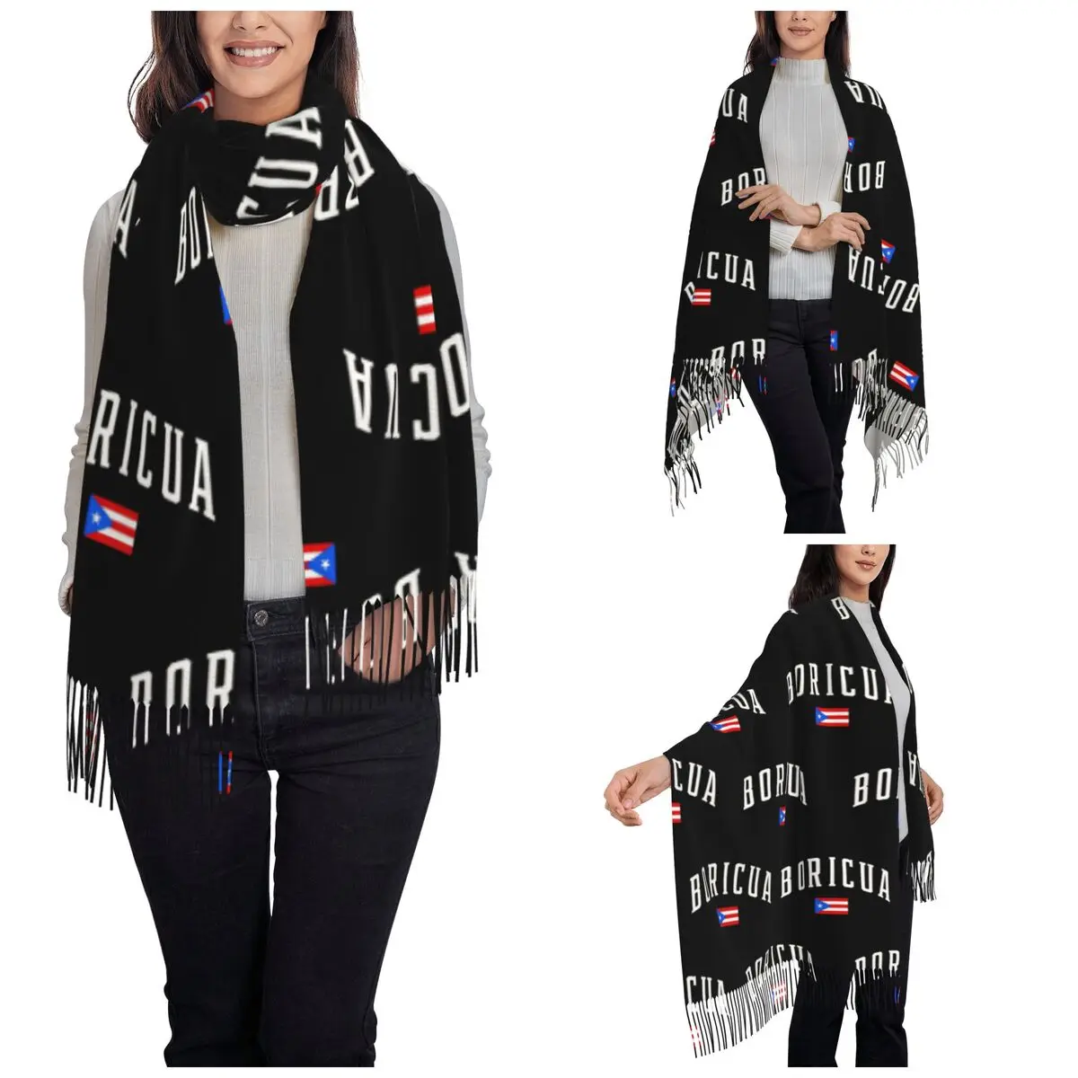 Womens Scarf with Tassel Boricua Puerto Rico Rican Large Winter Fall Shawl Wrap Daily Wear Pashmina Scarves