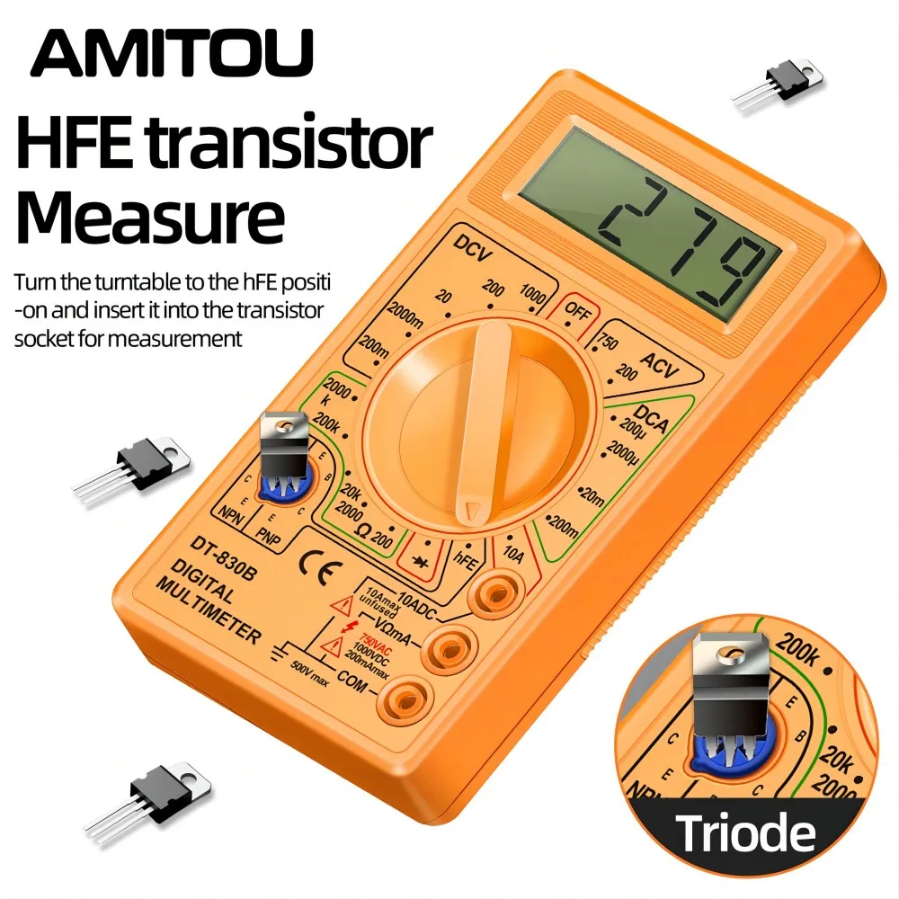 AMITOU DT830B Digital Multimeter AC/DC LCD Mini Voltmeter Ammeter Ohm Tester 750/1000V High Safety Handheld Meter With Probe