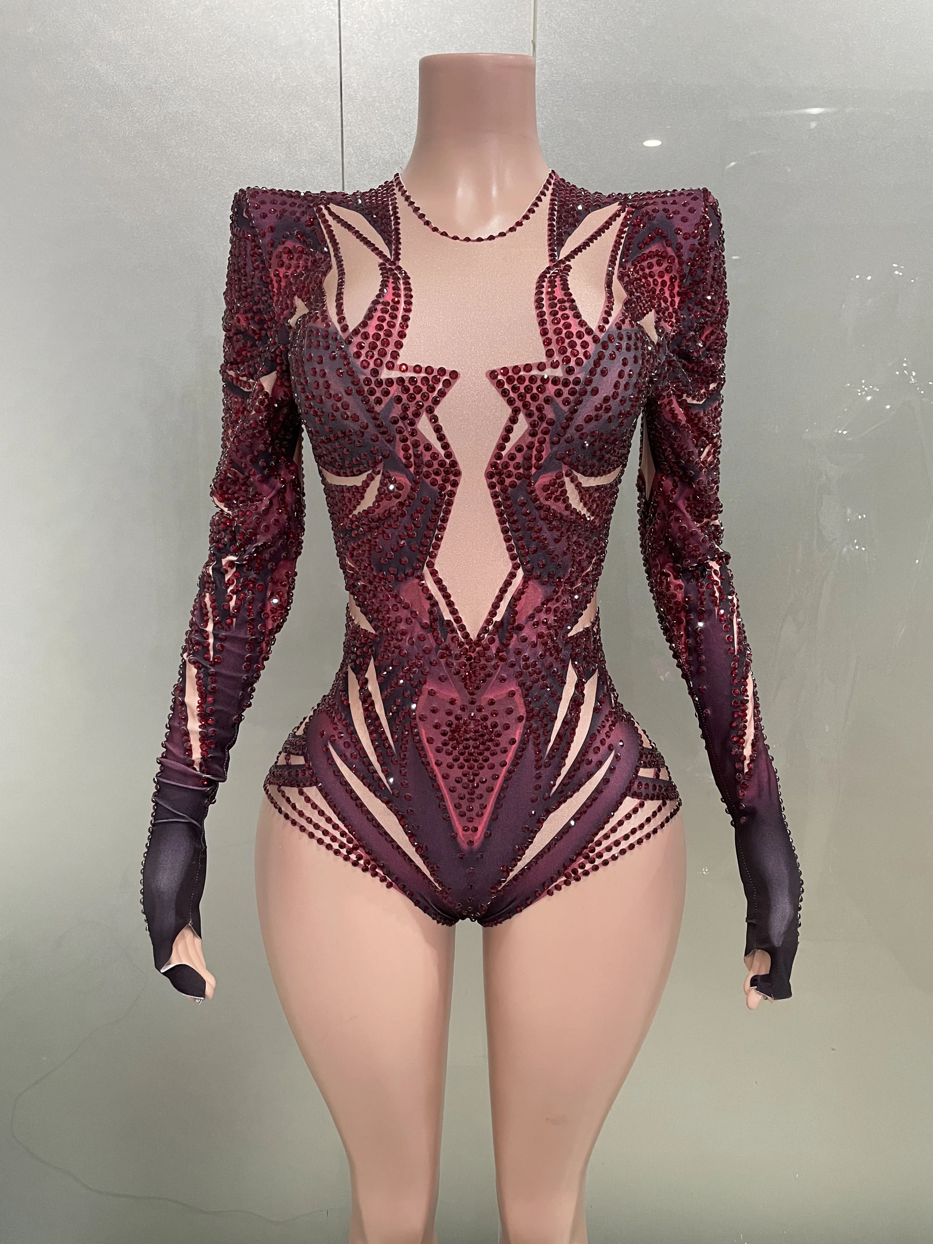 Sexy Sparkle Rhinestones Red Printed Long Sleeve Bodysuit 2025 Women Pole Dance Leotard Festivals Party Celebrate Stage Costume