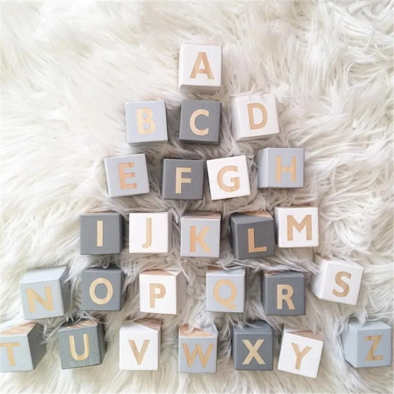 Nordic Wooden Alphabet Letters Decoration Wood ABC Cubes Kids Learning Toys DIY Baby Name Blocks Newborn Photography Props