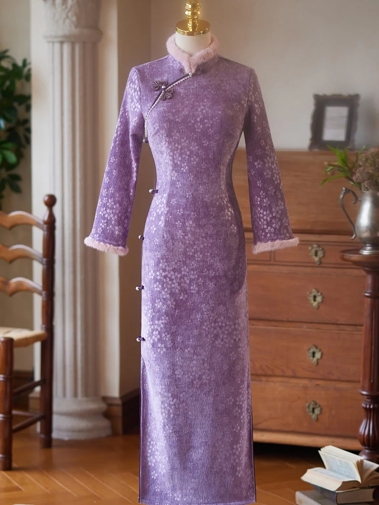 

Purple Velvet Long Sve Thiened Warm Young Sle Chinese Winter High Collar Traditional Retro Ele Lady Dr