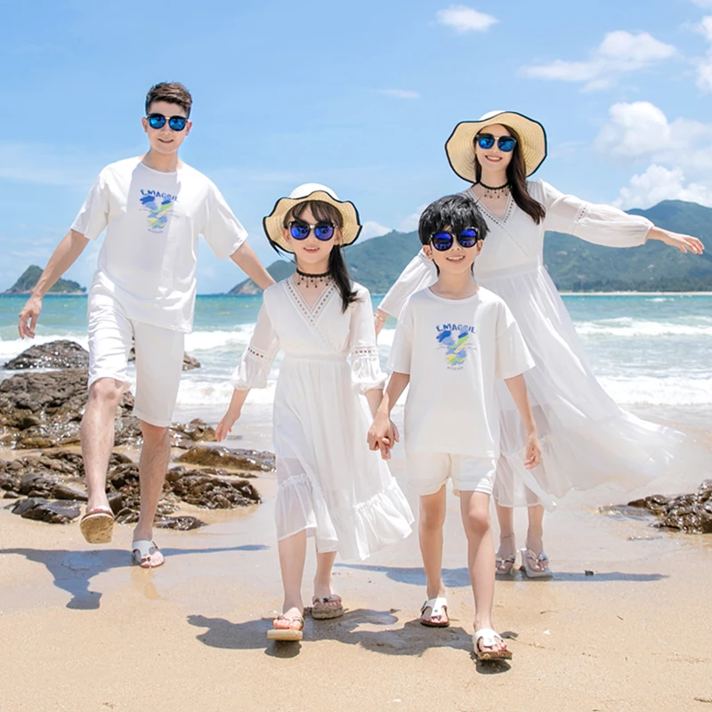 Holiday Vacation Look Family Matching White Clothes Beach Mother Daughter Resort Dress Father and Son Tops + Shorts Set 2 Pieces