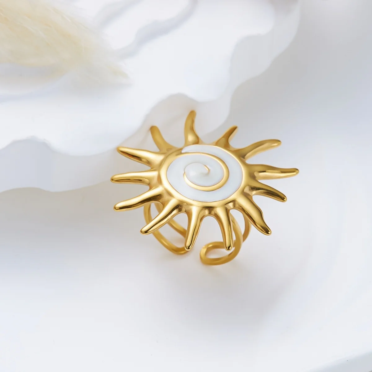Edelstahl-Emaille-Spiral-Geometrie-Fingerringe für Damen und Herren, Vintage Französische Sonnen-Blatt-Blumen-Ringe, Modeschmuck für Partys. – Detail 24