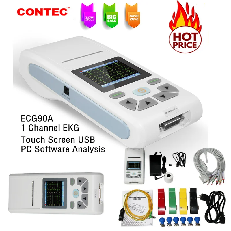 CONTEC-electrocardiógrafo portátil Ecg90a, máquina ecg/EKG de 12 canales, pantalla táctil, 90A