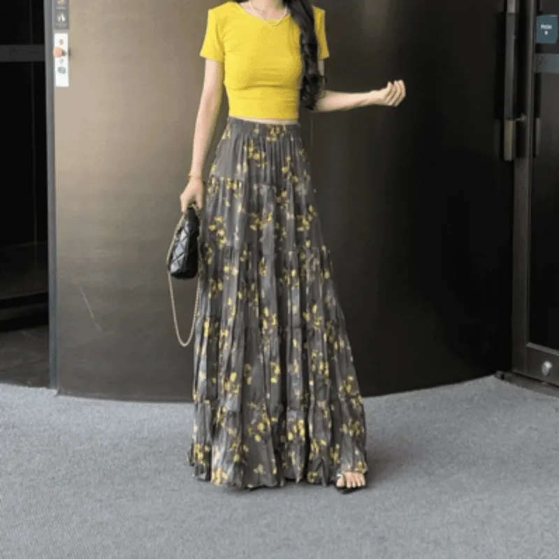 Women's Gray Floral Print Tiered Ruffled Maxi Skirt with Flowy Silhouette