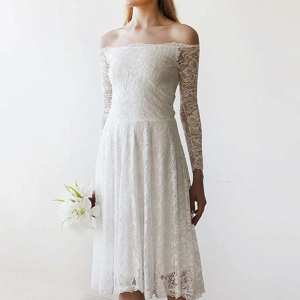 

Кружевное вечернее платье длиной до колена с длинным рукавом и открытыми плечами, с открытой спиной, вечернее платье для выпускного вечера, платья подружки невесты для женщин, вечерние платья