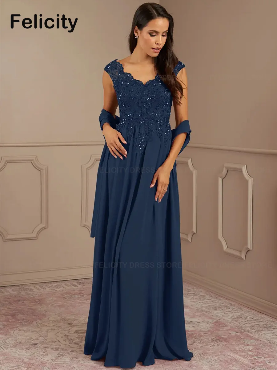 Vestidos azul marino oscuro para madre de la novia, Túnica de gasa con cuello en V y lentejuelas, longitud hasta el suelo, para fiesta de boda, 2023