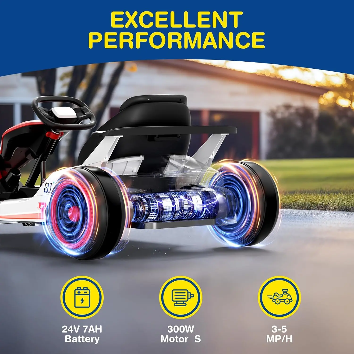 Planet X8 24V Electric Go Kart, 300W Drift Kart, with 2 Speeds, Wireless, Music, Soft Start, 7AH Large Battery ＆ 5-Point Safety