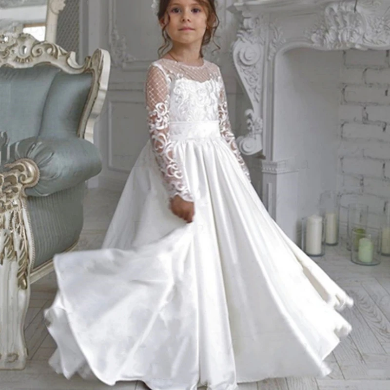 

Flower Girl Dress Elegant Exquisite Long Sleeve Floor Length Applique Lace Princess Dresses For Wedding Party Kids Birthday Gown