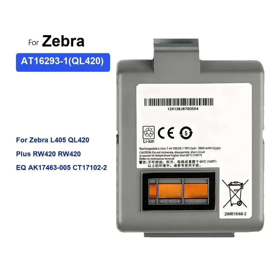 

3800Mah High Capacity For Zebra L405 QL420 Plus RW420 EQ AK17463-005 CT17102-2 AT16293-1 Printer Battery