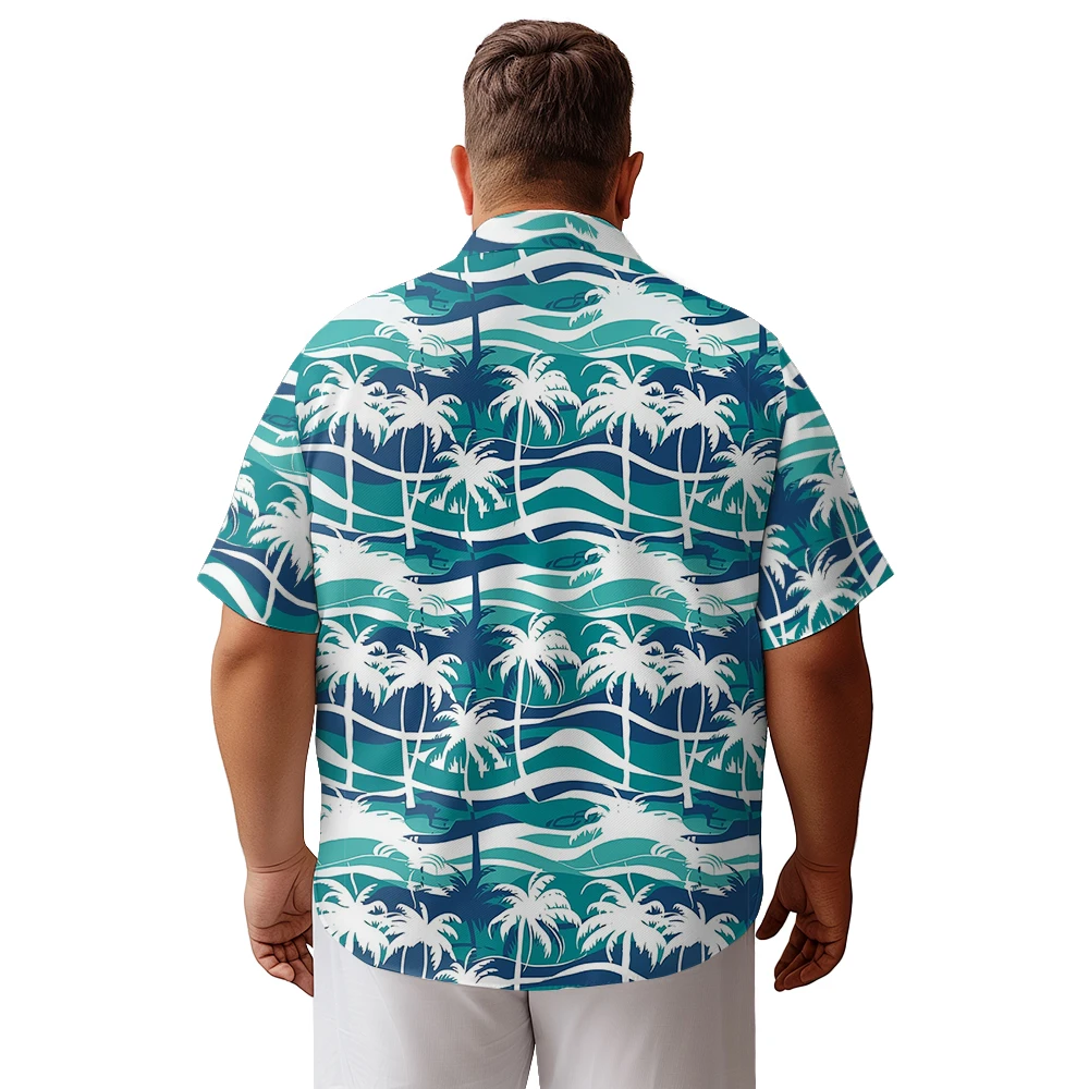 2024 new  Men's shirts plus size Summer holiday waves coconut tree vertical bar printed clothing casual short-sleeved