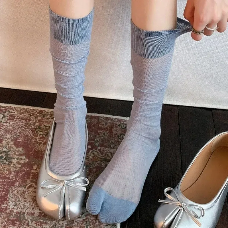 Japanese Style Tabi Socks Split Toe Clogs Sandals Breathable Mesh Thin Solid Color Crew Socks Elastic Cuff Non Slip Lightweight