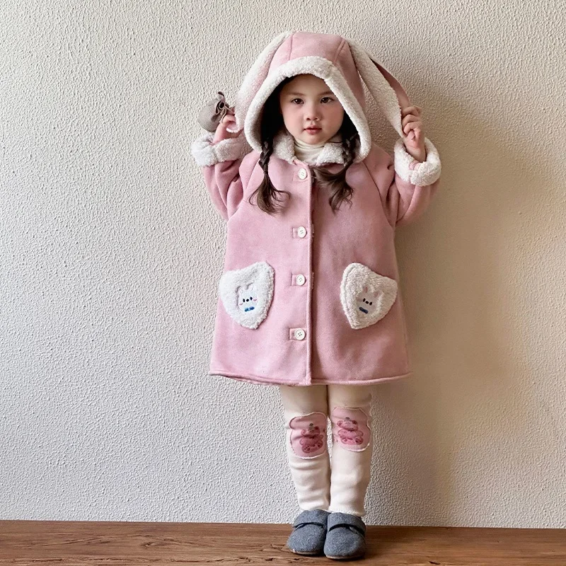 Girls' Fur Integrated Autumn and Winter 2024 New Children's Thick and Plush Medium Long Style Baby Girl Winter Warm Coat