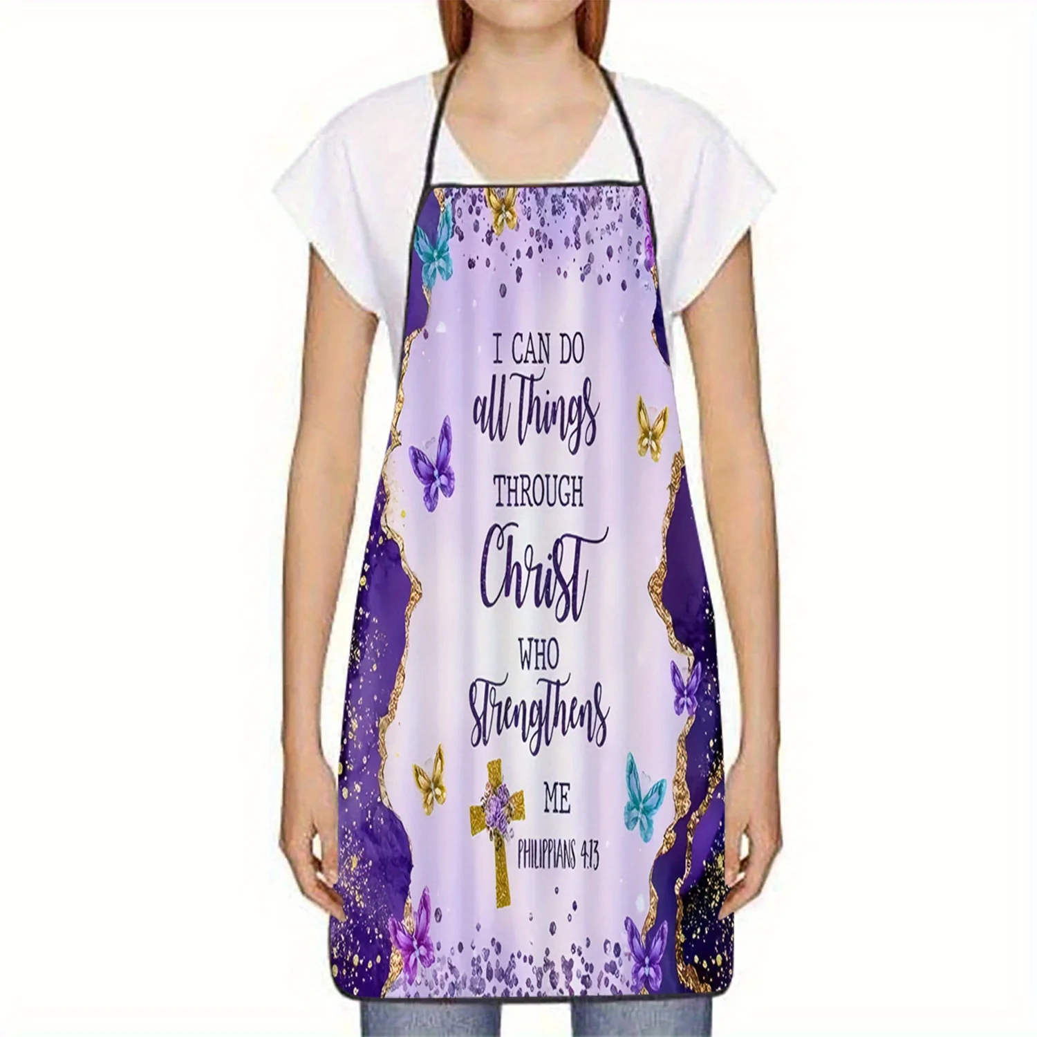 Inspirational Bible Verse Apron with Butterfly & Floral Design Things Through Christ Who Strengthens Me Purple & Golden