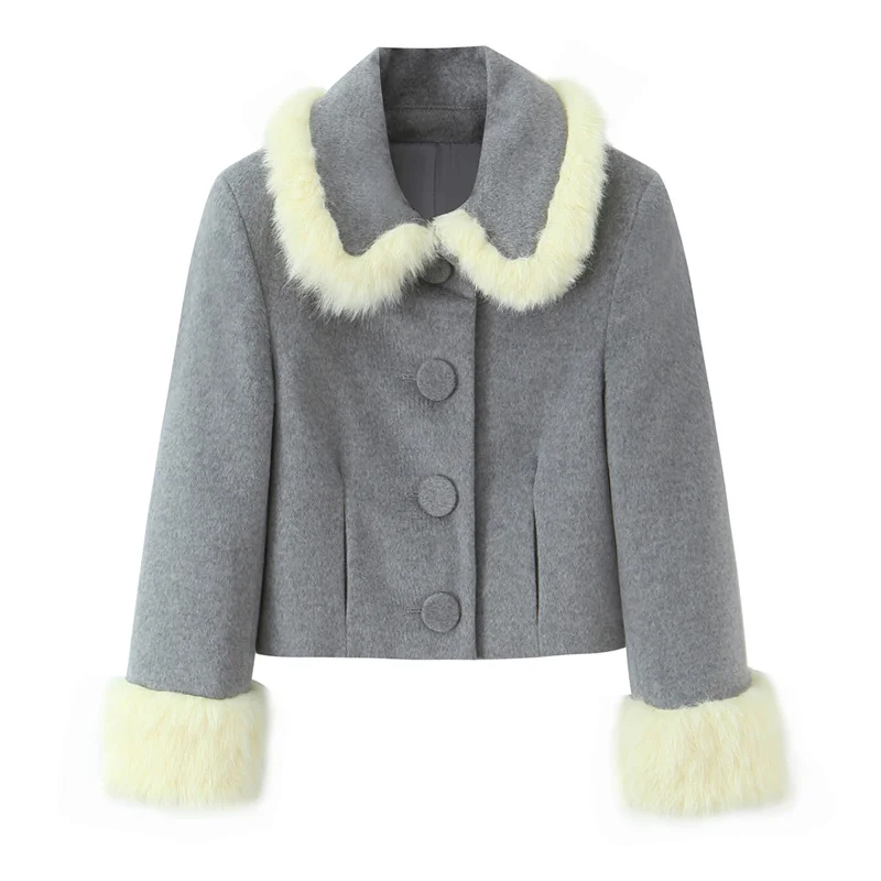 Conjunto elegante de 2 piezas de pantalones cortos empalmados de felpa para mujer, abrigo corto liso de manga larga + conjunto de pantalones cortos, conjunto informal para mujer