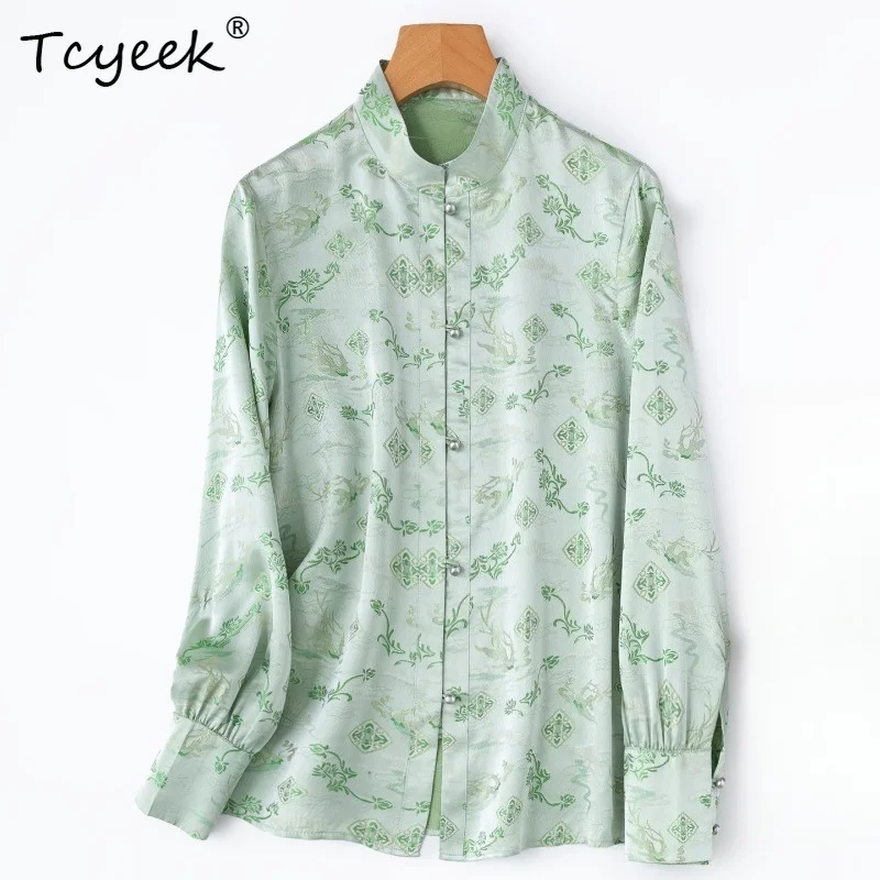 

Tcyeek 100% Real Silk Blouses for Women 2026 Spring Chinese-style Elegant Green Long-sleeved Shirts Woman Clothes Blusa Feminina