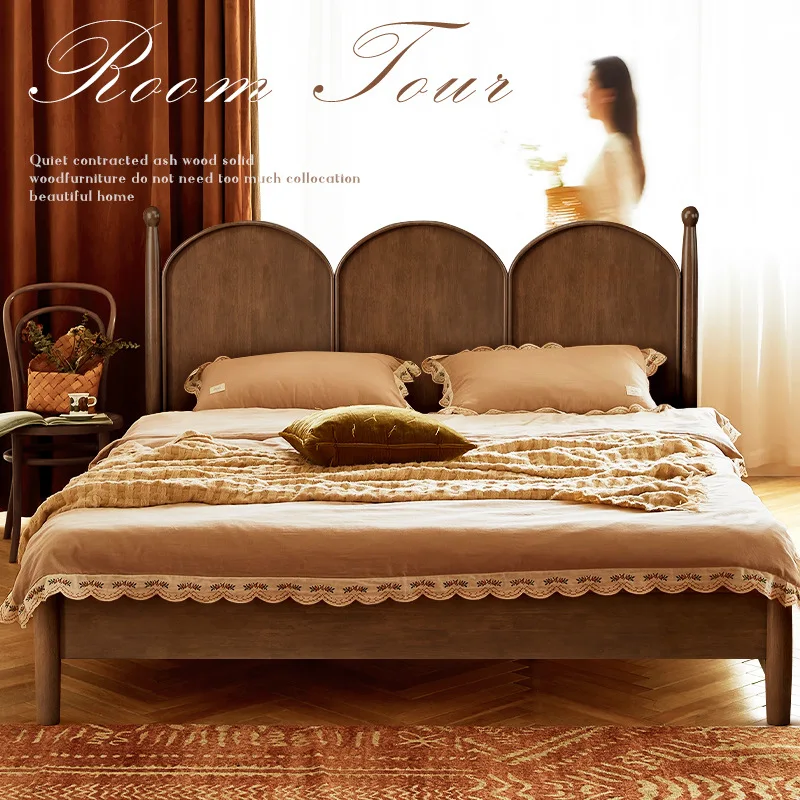 

American solid wood modern simple 1.5M1.8M double bed medium and ancient wind bed master bedroom French retro bed small apartme
