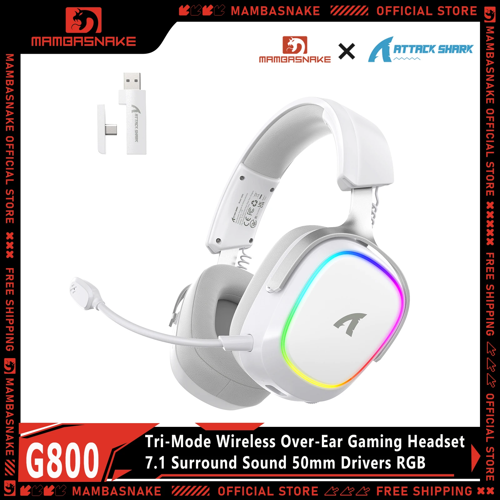 

ATTACK SHARK G800 Wireless RGB Gaming Headset:7.1 Surround Sound-50mm Drivers-Memory Foam Ear Pads,Wired/2.4Ghz/BT