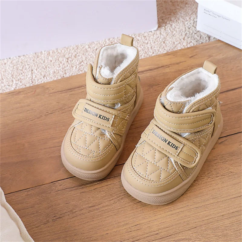 2023 New Winter Baby Boots Leather Double Hook&Loop Toddler Kids Shoes Warm Plush Non-slip Fashion Little Boys Girls Snow Boots