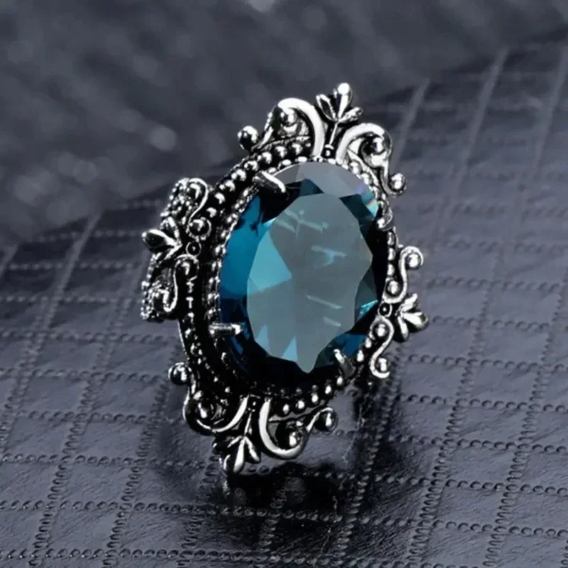 2026 Bohemia Blue Rings for Women Aesthetic Caved Pattern Design Fancy Anniversary Gift Ethnic Finger Accessories Lady Jewelry