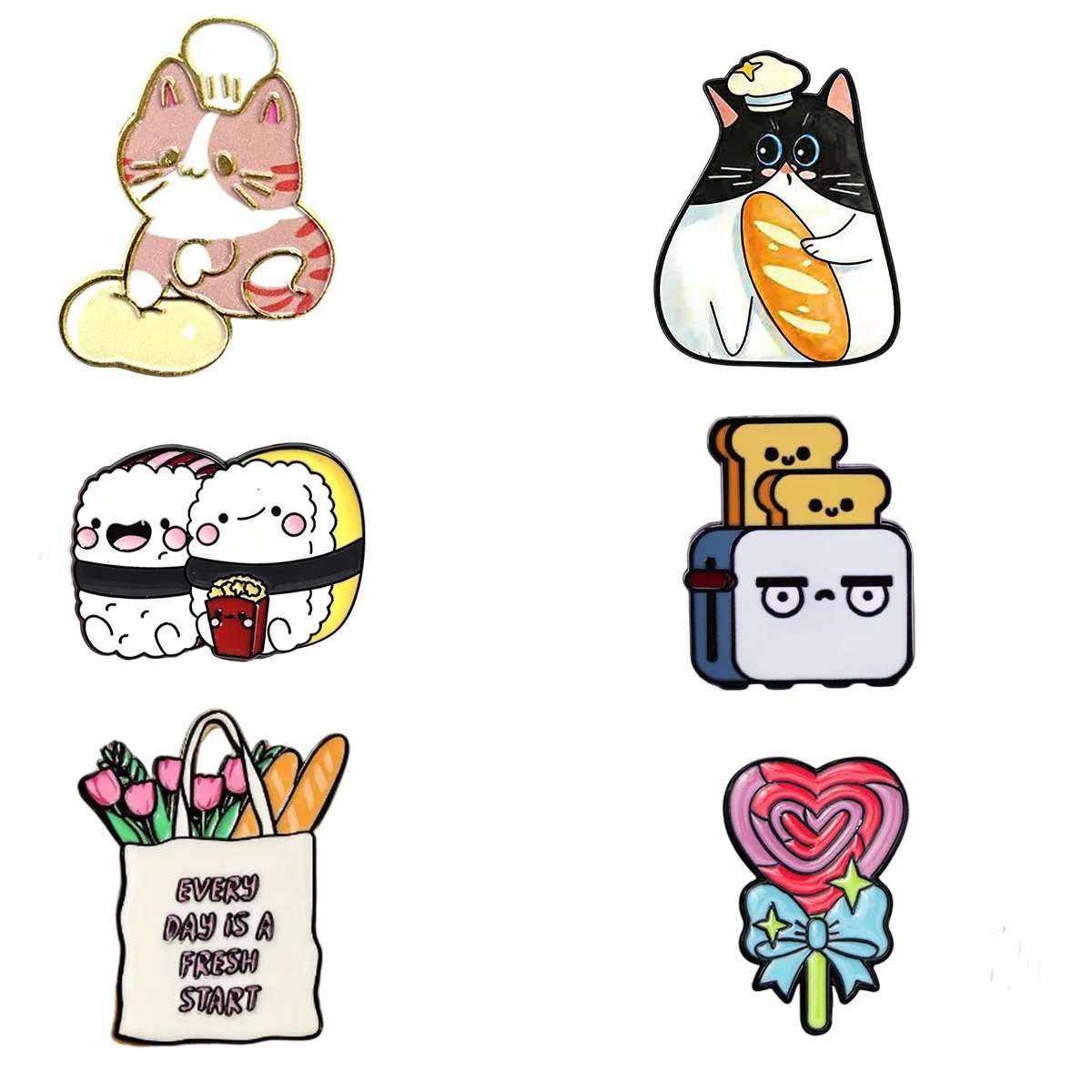 Niedliches Emaille-Broschen-Set mit Lebensmitteln & Katzen, Kawaii Kochkatzen-Sushi-Brot-Anstecknadeln, Lustige Cartoon-Abzeichen für Jacken & Rucksäcke – Detail 1