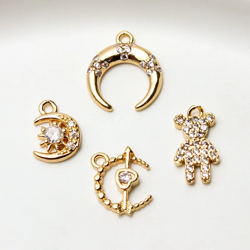 1pcs Diy Jewelry Accessories Copper Gold-plate Zircon Stars Peach Heart Moon Small Pendant Earrings Necklace Material Charms