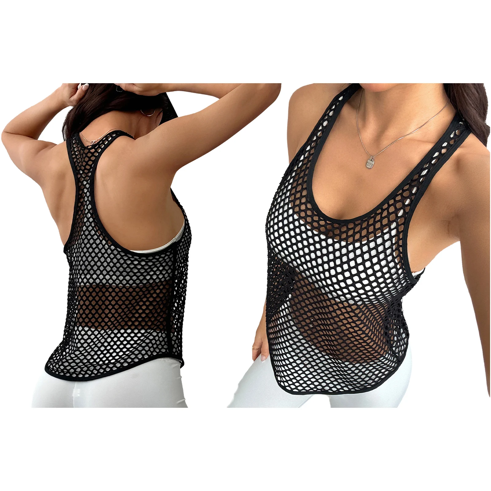 Top da yoga da donna Canotta da allenamento con retro scollato in rete scavata Canotta sportiva da allenamento senza maniche con scollo a U Gilet sportivo traspirante