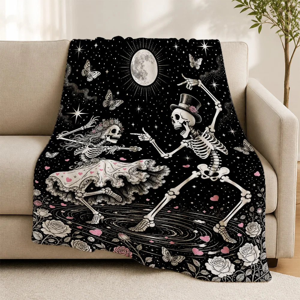Spooky Gothic Skeleton Moon Throw Blanket for Halloween Decor Witchy Starry Night Cozy Sofa Throw