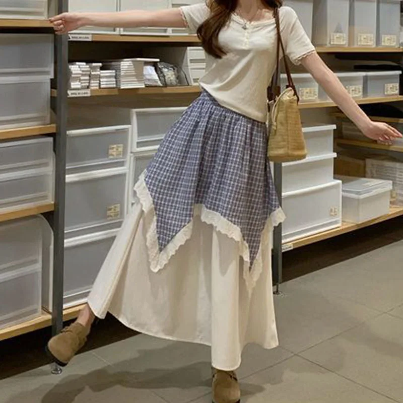 Elegant Women's White Blue Plaid Double Skirts Casual Layer Irregular Slim Ruffle Midi Skirts Summer Girls New A-Line Long Skirt