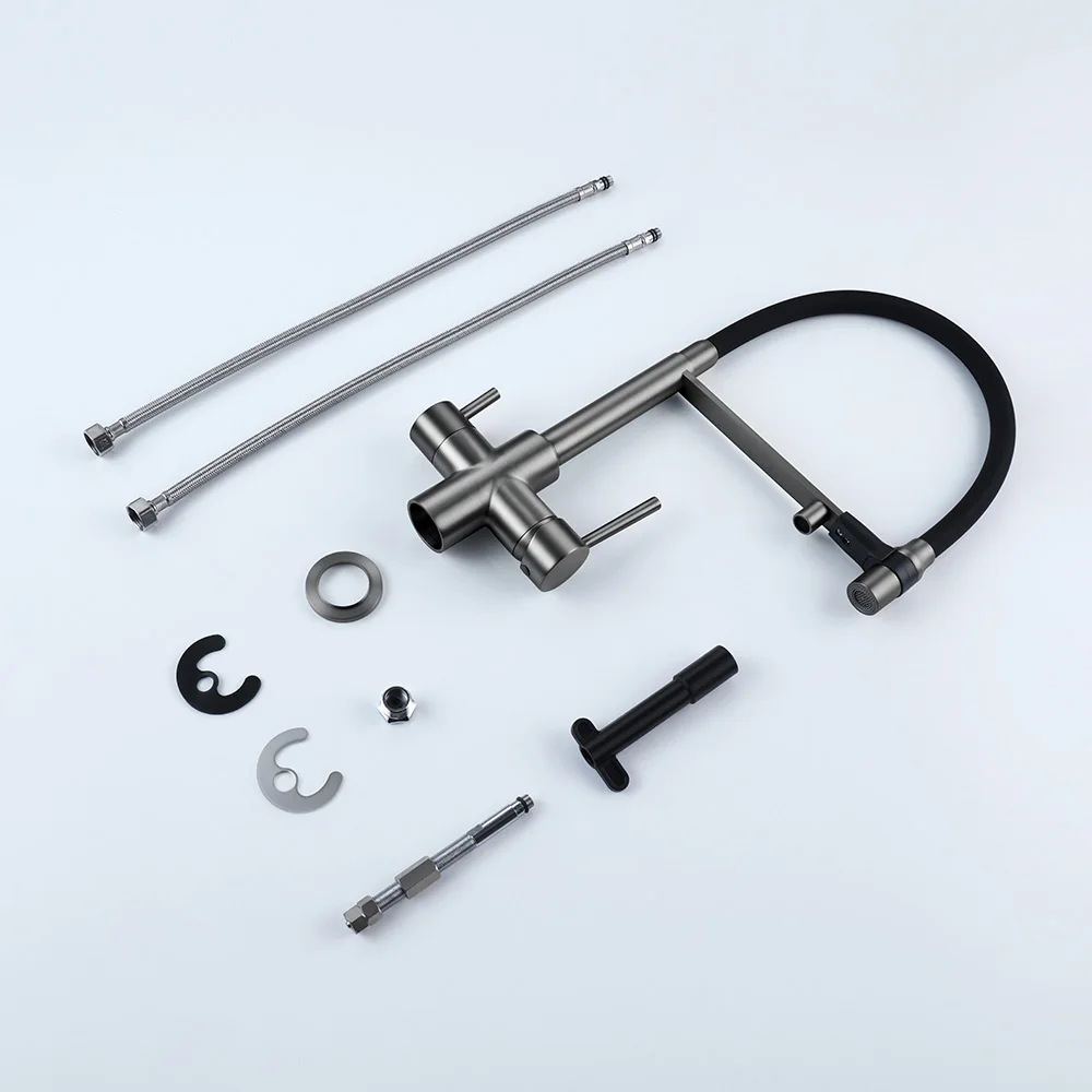 3 Ways Sink Mixer Gunmetal Kitchen Faucet  Brass  Black Hose Mount Pull Out Dual Spray Nozzle Water Kitchen Taps