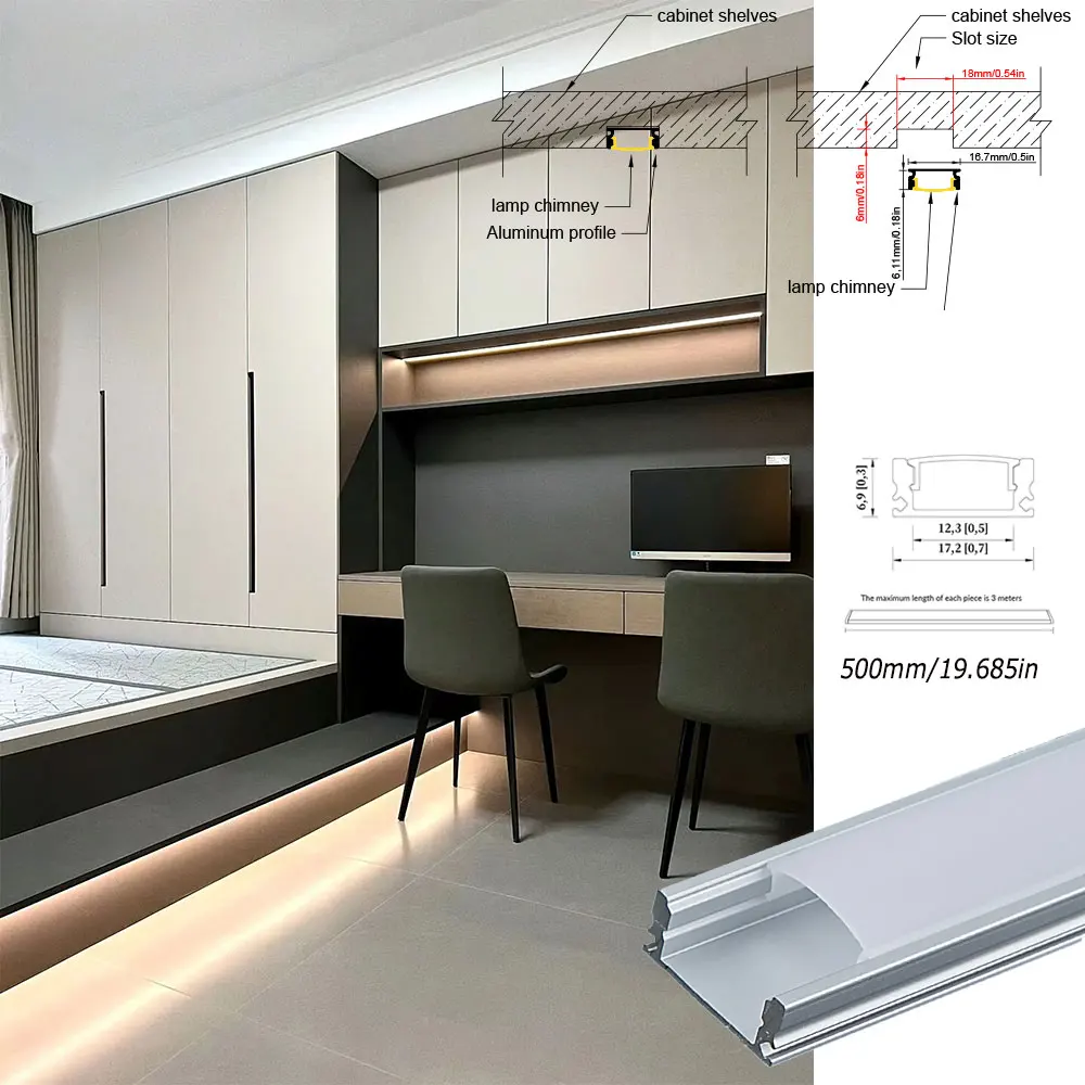 

17*7mm 2pcs 0.5m LED Aluminum Profile Channel for Embedded Cabinet Closet Light Aluminium LED Strip with Transparent Cover