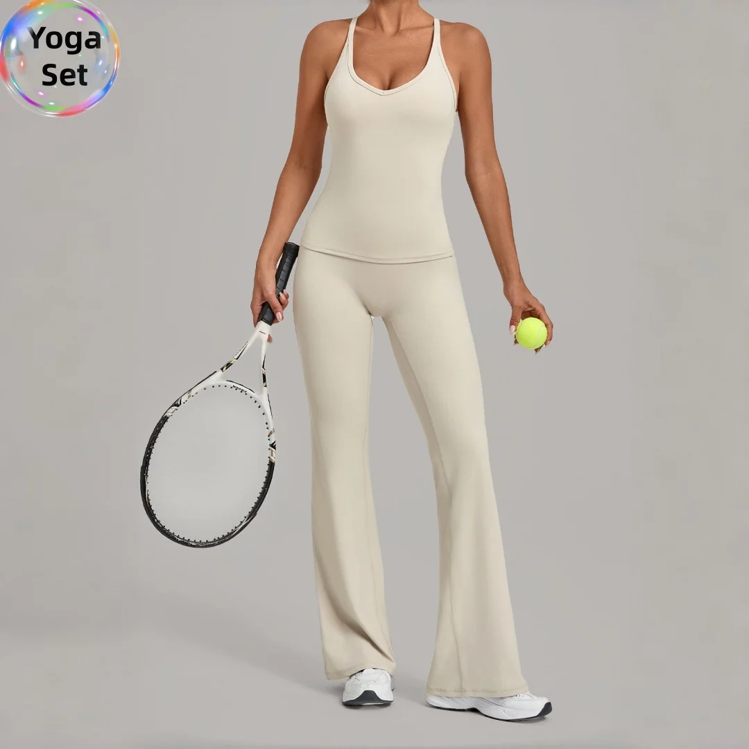 2Pcs Women's Yoga Set Racerback Tank Top Removable Padding Cross Waist Wide-leg Flared Pants Running Workout Gym Yoga Suit