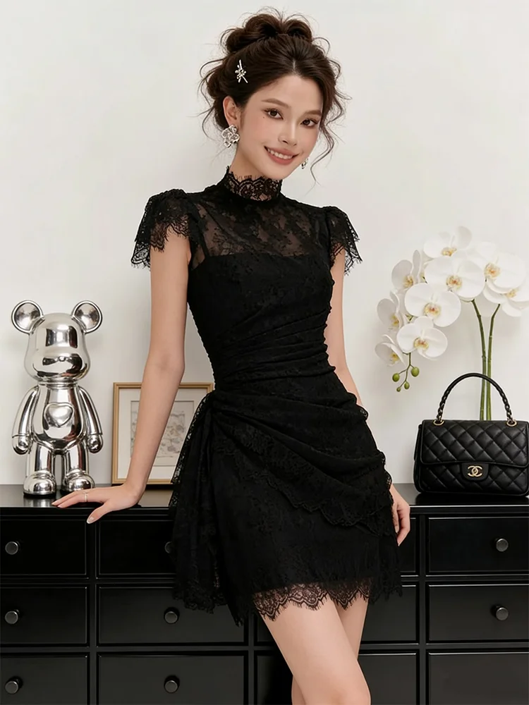 

Elegant Black Lace Embroidery Sleeveless Dress Women's High-End Slimming Pleated Gown for Date And Party Polyester Fiber