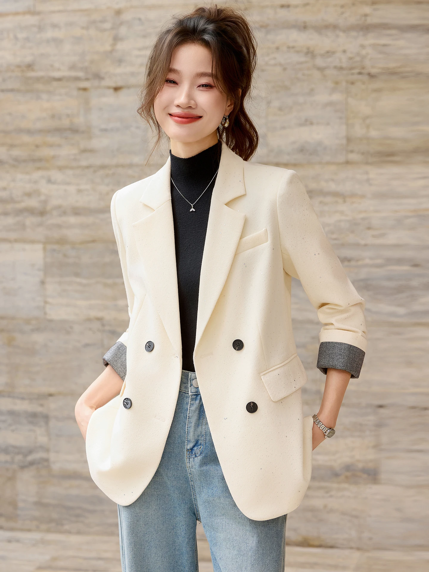 

Elegant Casual Women's Suit Jacket in Beige Spring Autumn New Style Korean Version Long Sleeve Double Breasted Fashionable