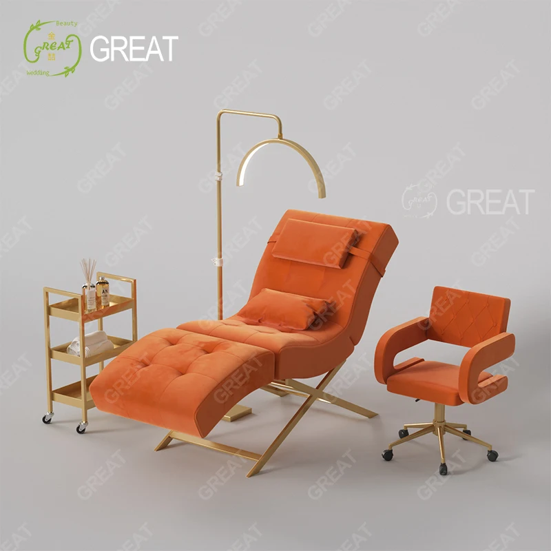 Modern Orange Fabric Eyebrow Bed Gold Metal Base Head Adjustable Facial Cosmetic Lash Bed With Chair Set