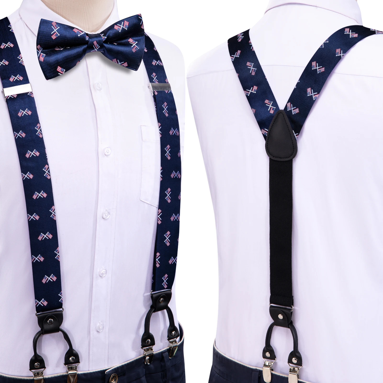 Silk Woven Mens Suspenders Bow Tie Hanky Cufflinks Set Strength 6 Clips On Male Vintage Braces Blue Star Flag
