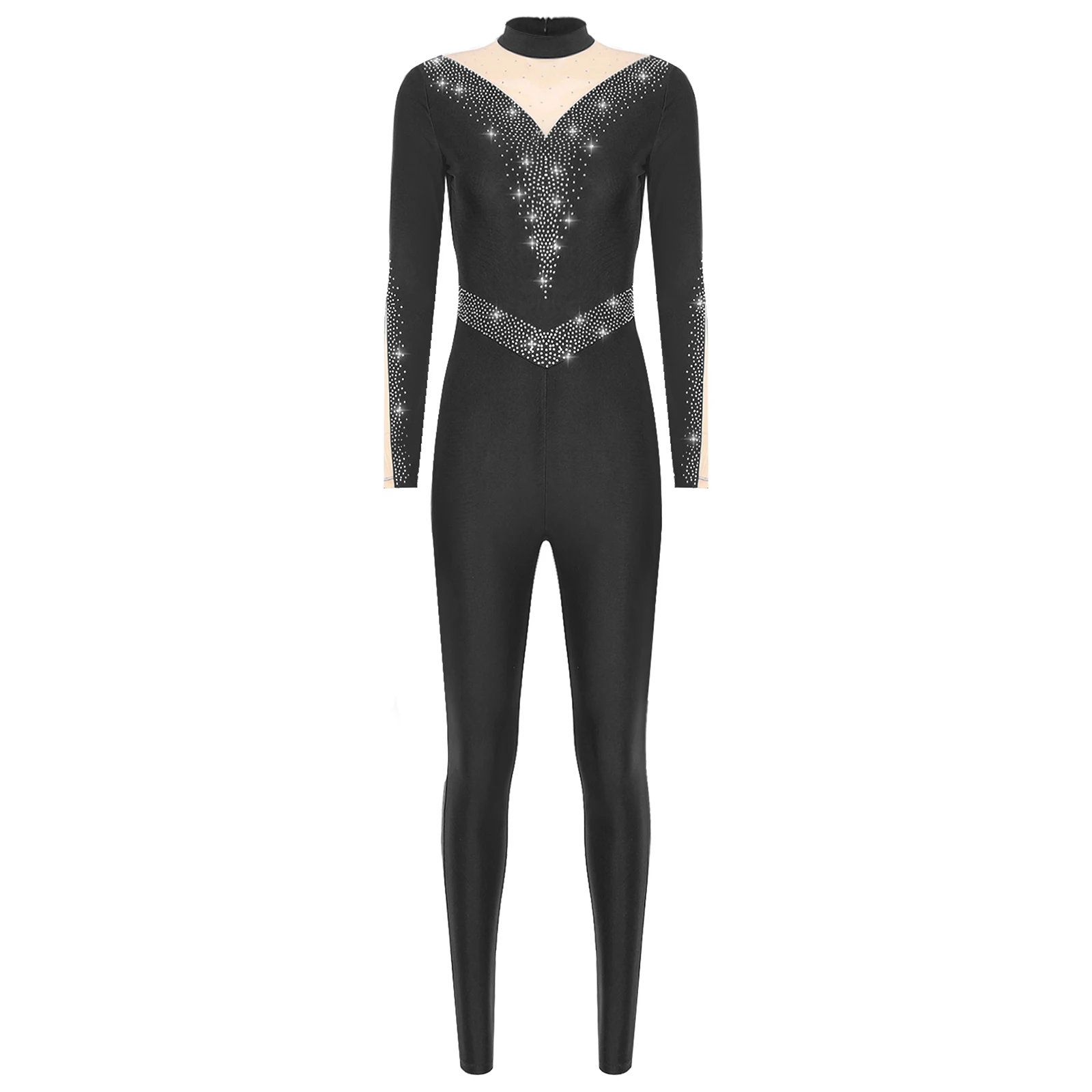 

Womens Shiny Rhinestones Ice Skating Dance Gymnastics Leotard Patchwork Long Sleeve Pants Jumpsuit for Gym Yoga Training Dancing
